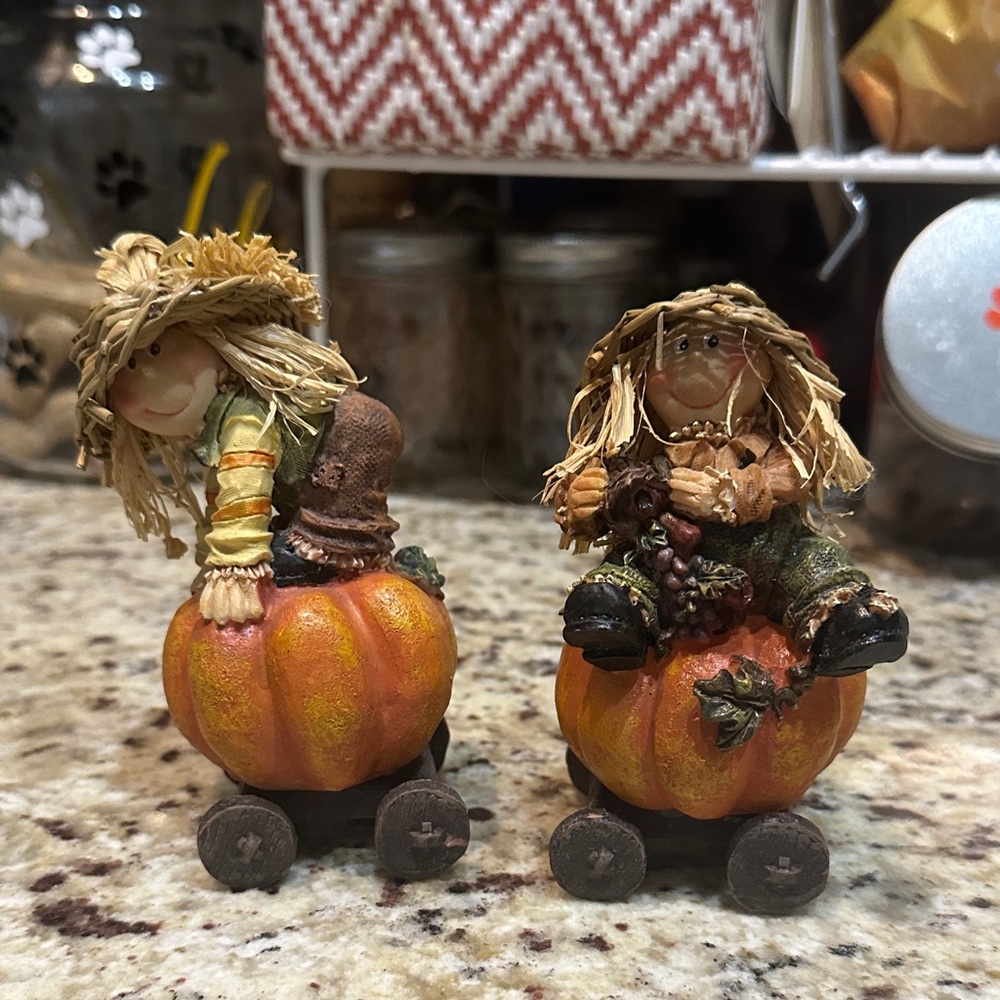 Harvest Scarecrow Figurines on Pumpkins